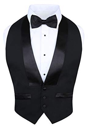 Men's Classic Formal 100% Wool Black Backless Tuxedo Vest Includes Bow Tie - Black -