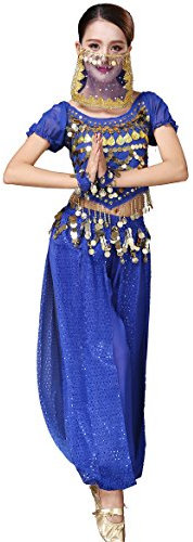 Astage Magdans Halloween kostym, topp, byxor, slöja, armband, huvudbonader set, kungsblå