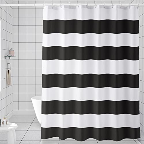 AmazerBath Black and White Shower Curtain Cloth, Striped Shower Curtain Fabric with 2 Heavy Stones, 72 W x 72 H