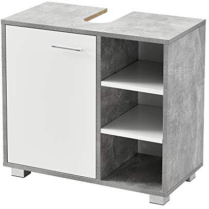 [en.casa] Waschbeckenunterschrank 56 x 60 x 31 cm Badezimmerschrank mit Siphonausschitt Badschrank mit Schranktür 3 Ablagefächern Betonoptik/Weiß