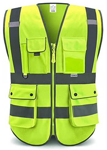 XIAKE rv120528 reflekterande säkerhetsväst med 8 fickor, Fluorescerande gul, XL