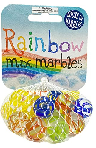 House of Marbles Rainbow Mix Net Bag of Marbles, 21-Piece Glass Marble Set with Mixed Red, Yellow, Blue and Green Designs plus Larger Shooter for Classic Games