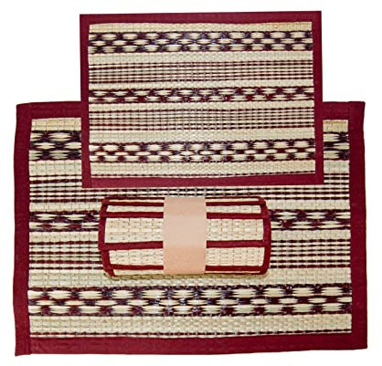 Handmade Reed & Fabric Square Maroon Colour 6PCS TABLE MATS Set & 2 Size CARPET, Eco-friendly Dining Table Mats Pack, Home Decor Indoor Colourful Mats for Housewarming Gift
