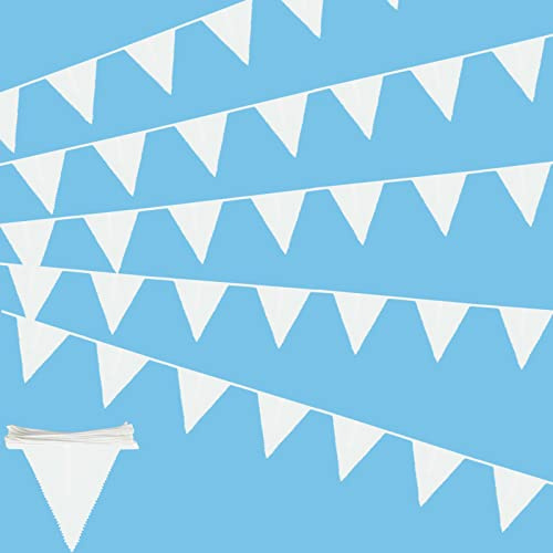 Flaggirlang, 12 m flaggirlang i tyg, vimpelgirlang med 50 vita vimplar, banderoll med triangelflaggor, tyg, utomhus, vit för bröllop, barnrum, födelsedag, fest, skolningsdekoration