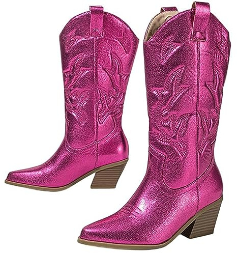EXECAB Bottes de Cow-Girl pour Femmes Talon épais Paillettes Bottes Western brodées métalliques Scintillantes Bottes de Cow-Boy à Mollet Large Vintage,Violet,39 EU