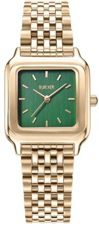 BURKER Damenuhr Macy, Quadratische Damen Armbanduhr Gliederarmband Edelstahl Analog Quarz 3-ATM Wasserdicht Geschenk für Frau, Freundin, Mama - 33 mm - Gold Grün