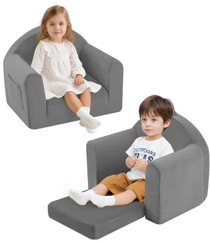 MeMoreCool Kid Sofa Bed, Comfy Plush Toddler Chair, Convertible Flip Out Baby Recliner Foldable Children Mini Sofa for Toddlers 1-3 Girls Boys, Grey