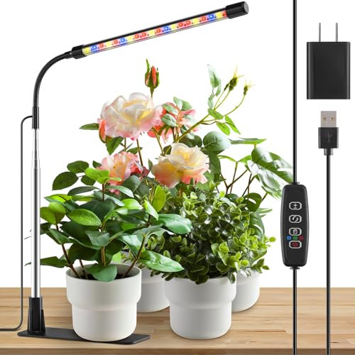 Lampe pour plantes avec support, lampe de croissance à 20 LED avec minuterie 3/9/12H marche et arrêt et 3 modes de commutation et col de cygne réglable pour plantes d'intérieur (avec adaptateur)