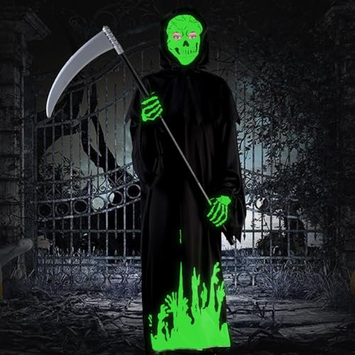 Deguisement Halloween Enfant ，Costume Faucheuse Enfant , Costume Halloween Enfant avec Garcon Fille 5-14 ans avec Masque Squelette Lumineux ，Faucheuse Combinaison Phosphorescente, Gants et Faucille