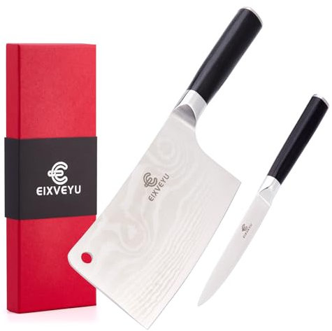 EIXVEYU Set di coltelli da cucina, coltello da macellaio e coltello da frutta 2 pezzi, Coltello da Chef professionale, coltello da verdure con motivo damasco, coltello da spelucchino,confezione regalo