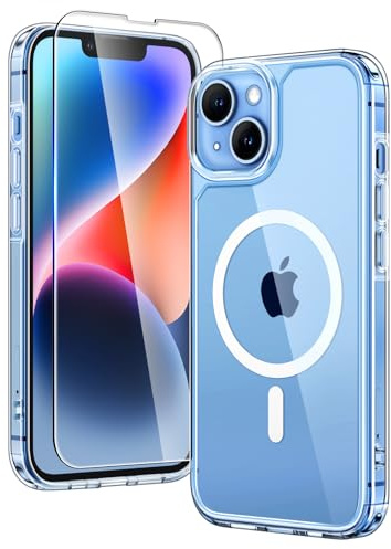 TAURI für iPhone 13/14 Hülle 6,1 mit Panzer Schutz Glas Folie, Kompatibel mit MagSafe, Schutz nach Militärstandard, [Anti-Vergilbung] Stoßfest Magnetisch Handyhülle - Durchsichtig