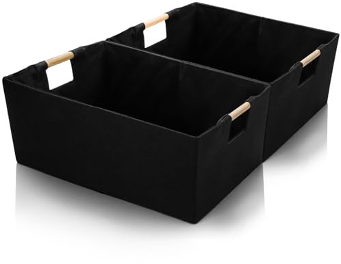 ZOOFOX Set of 2 Black Storage Baskets, Closet Storage Bins with Wooden Handles, Foldable Rectangular Storage Baskets for Shelves, Closets, Home, Office
