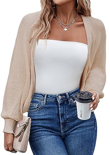 Hotouch Bolero da donna, festivo, corto, elegante, cardigan a maniche lunghe, con apertura frontale, giacca a spalla, per abiti, casual, semplice, S-XXL, beige., M