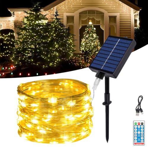MOLVCE Solar Lichterkette Aussen, 30M 300LED Lichterkette Außen Solar, Kupferdraht Solarlichterkette IP65 Wasserdicht mit 8 Modi und Fernbedienung, Solarlichterkette für Balkon, Hof, Warmweiß