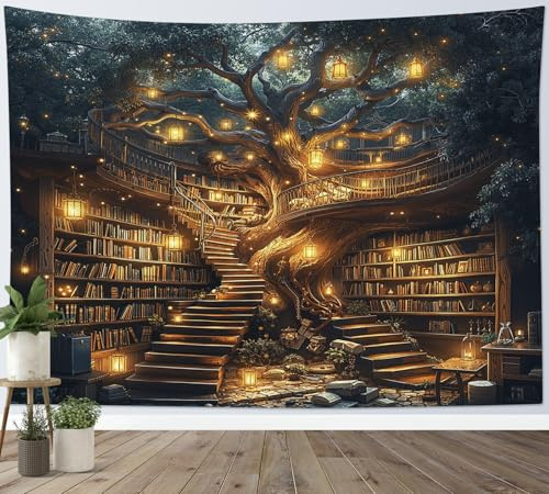LB Arazzo Libreria incantata Arazzo da Parete Grande albero nella libreria vintage Telo da Parete Libri magici streghe Arte Muraria per Soggiorno Camera da Letto Dormitorio Decorazione,235x180cm