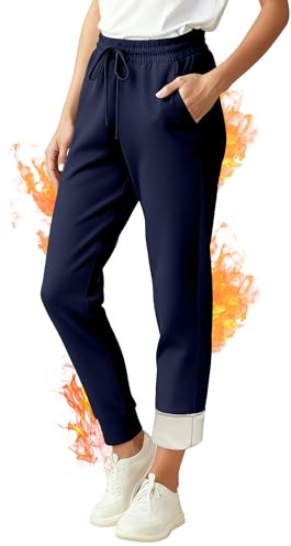 FlexVie Pantalones chándal de Mujer con Forro Polar, Jogger cálido de Invierno, Cintura Alta, Bolsillos, Ropa Deportiva y Casual para frío (-10℃ a 15℃) Azul Marino XL