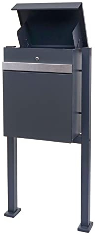 PROREGAL Paketkasten mit Standfuß HxBxT 120x59x36cm Paketbox Paketstation Standbriefkasten Metall verzinkt anthrazit-Edelstahl draußen groß XXL freistehend Schlüssel integrierte Rückholsperre