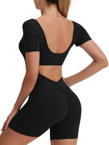 ECUPPER Women's Backless Gym Jumpsuit all in one Yoga Unitards Sleeveless Romper Short Workout Bodysuit Scrunch Bum Playsuit