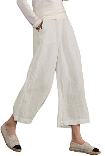 ECUPPER Ladies Plus Size High Waisted Cotton Pants Relaxed Wide Leg Cropped Leisure Trousers Natural S