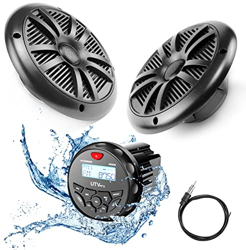 UTVpro Marine Audio System Stereo Speaker Package, Bluetooth, MP3 USB AM FM Marine Stereo - 2 x 6.5 Inch Black Speakers, Antenna