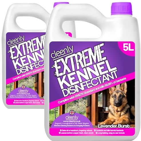 Cleenly Extreme Kennel Cleaner Disinfectant 2 x 5L– 3-in-1 High Strength Pet Cleaner, Kills 99.9% of Bacteria, EN1276 Tested, Odour Eliminator for Kennels, Floors & Pet Areas (Lavender)