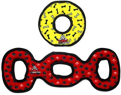 TUFFY - World's Tuffest Soft Dog Toy -Ultimate Ring Yellow & 3 Way Tug Red-Combo Pack-Squeakers-Made Durable, Strong & Tough.Interactive Play(Tug, Toss & Fetch).Machine Washable & Floats