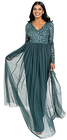 Maya Deluxe Damen Womens Ladies Dress Long Sleeve For Wedding Guest V Neck High Empire Waist Maxi Long Length Evening Kleid, Emerald Green, 40 EU