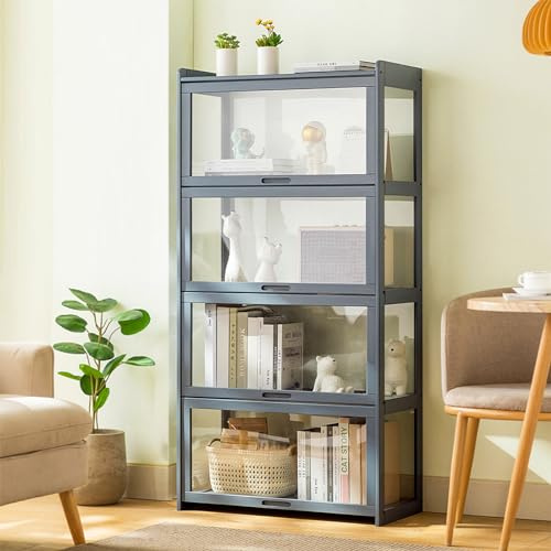 JFOZDM Vitrina Expositora Multifuncional de Vidrio a Prueba de Polvo, Diseño de Puerta de Gabinete con Solapa, Vitrina Cristal para Oficinas, Dormitorios, Salas de Estar 70 * 34 * 140CM Gris