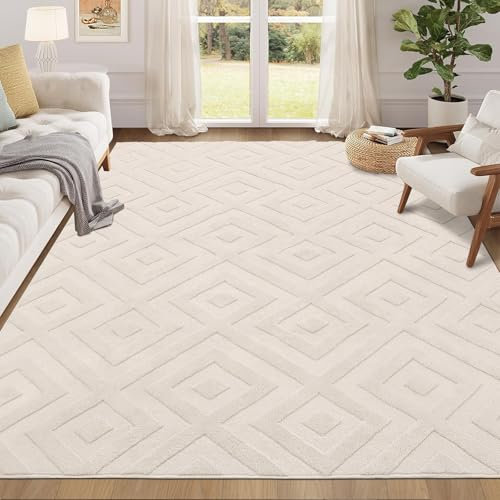 Enyhom Teppich Wohnzimmer Waschbarer Moderner Kurzflor Küchenteppich Flauschiger Teppich rutschfest Wohnzimmerteppich Geometrischem Vorleger, Beige, 120 x 160cm