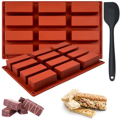 TAIXING 2Pcs Chocolate Moulds, 12 Cavity Large Chocolate Bar Moulds Silicone Moulds with Silicone Spatula for Cereal Bars, Chocolate Truffles, Brownies, Cheesecakes, Butter, Soap, Rectangle