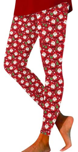 Weihnachtliche Leggings, Winterhose, Fleece-Hose, Weihnachtsleggings für Damen, hohe Taille, Workout-Hose, Bauch-Weihnachtsmann-Druck, Urlaubsleggings für Damen, hohe Taille, rot, L