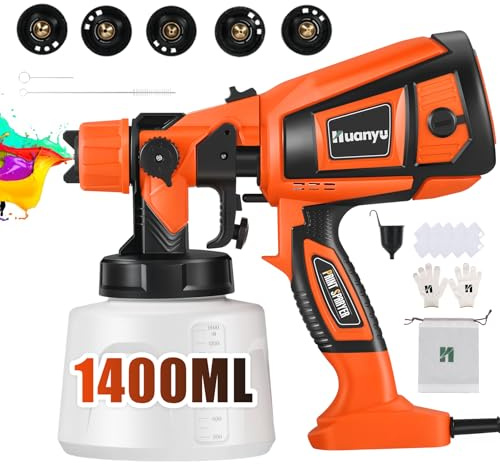 Huanyu Spruzzatore elettrico 850W Pistola per verniciatura a spruzzo elettrica con contenitore da 1400ml Pistola a spruzzo potente con 5 ugelli Pistola a spruzzo regolabile (Arancione)