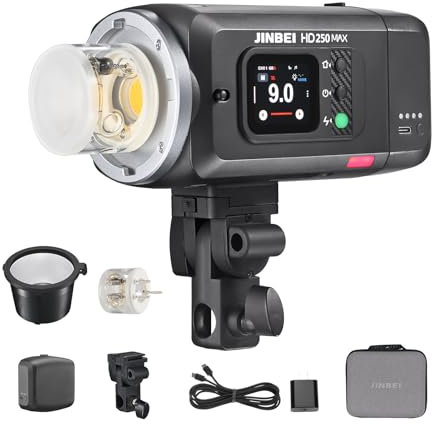 Flash de Estudio Portátil Jinbei HD250MAX con Batería Integrada 3000mAh, HSS 1/8000, Luz de Modelización Bicolor 12W, Speedlight Compatible para Canon/Sony/Nikon/Fuji/Olympus/Panasonic