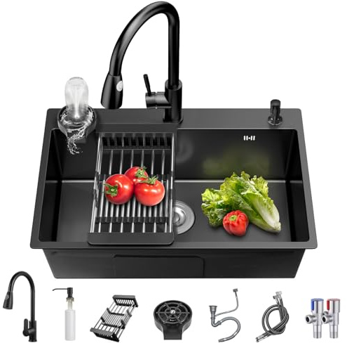 MWIDCIEW Lavandino da cucina nero con 1 vasca in acciaio inox ispessito, rubinetto estraibile, risciacquo per bicchieri, set di scarico, filtro rimovibile (80 x 50 cm)