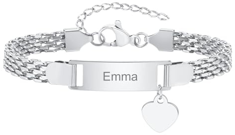 Gamtic Bracelet Personnalisé Gourmette Bébé Filles - Mignon Charm Bracelet Chaîne Réglable Gravé Prénom Bracelets Bijoux Enfants Cadeaux Anniversaire Baptême Première Communion Noël (Argent,Coeur)