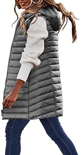 Chaqueta sin mangas para mujer, chaleco largo, elegante y acolchada, informal, chaleco térmico para correr, con capucha, de senderismo, deportivo