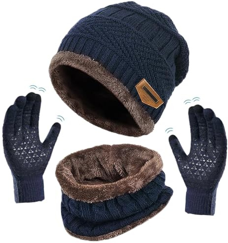 Ensemble Bonnet Écharpe Gants Femme et Homme, Tricotés Ensemble d'hiver Bonnet écharpe Gants d'écran Tactile Homme Femme, avec Doublure Polaire (Bleu)