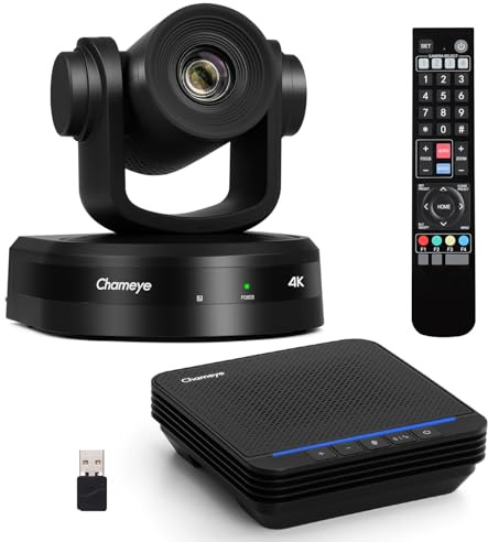 Chameye 4K PTZ Conference Room Camera and Microphone,10x Optical Zoom, AI Auto-Tracking, LAN HDMI USB PTZ Camera 4K Output, Bluetooth Speakerphone, for Samll Conference Room, CB101 Black