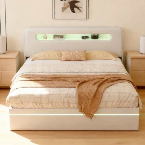 Struttura Letto con Contenitore in Velluto 140x200 con Illuminazione LED, Letto Matrimoniale Imbottito con Mensole Aperte per il Riordinamento, Testiera Capitonné, Letto per 2 Persone per Adulti e