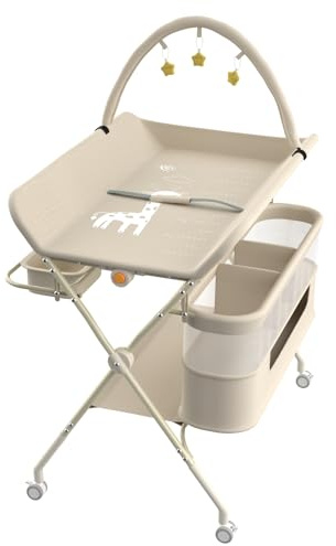 Homewell Table à Langer, Pliable, Plan à Langer avec Tapis d'éveil, Roulettes Verrouillables et Panier de Rangement à Double Couche, Réglable en Hauteur, Meuble pour Bébés, 75*68*83-91cm, Blanc cassé