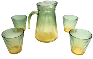 Eldo Karaff + 4 gröna dricksglas – elegant och ädel kanna 1,2 l med glas 255 ml set – glaskaraff perfekt för sommardrycker som iste och juicer – i trädgården, picknick, på stranden etc.