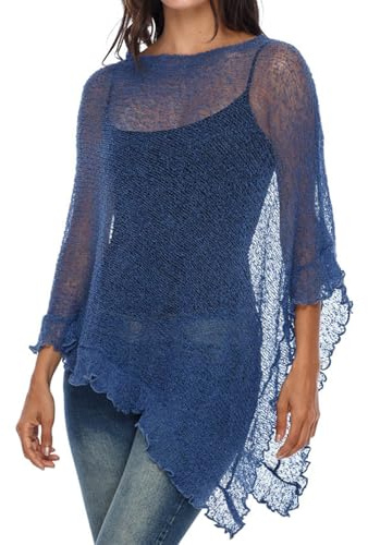 Edhomenn Women Sheer Mesh Knitted Poncho Solid Color Ruffle Trim Boat Neck See Through Cover Up Lightweight Tops (Blue, ONE SIZE)