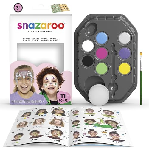 Snazaroo Fantasy ansiktsfärgpalettkit för barn och vuxna, 8 färger, 11 st, borste, svamp, guide, vattenbaserad, lätt tvättbar, giftfri, smink, kroppsmålning och fester, för åldrarna 3+