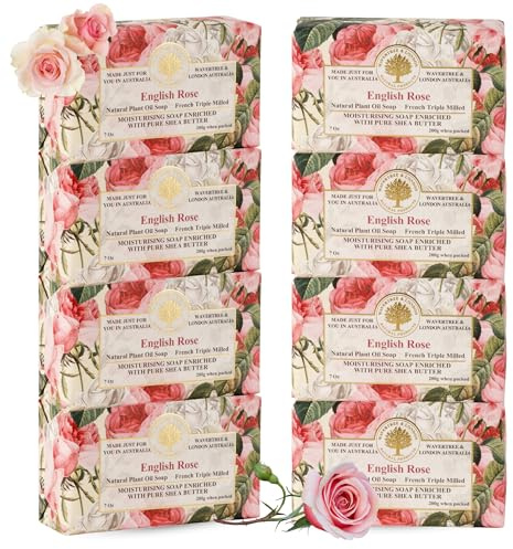 Wavertree & London English Rose Scented Natural Soap Bars for Women & Men (8 x 7oz) – Moisturizing Triple-Milled Soap Bars Enriched with Shea Butter – Plant-Based Bath & Body Bar for All Skin Types