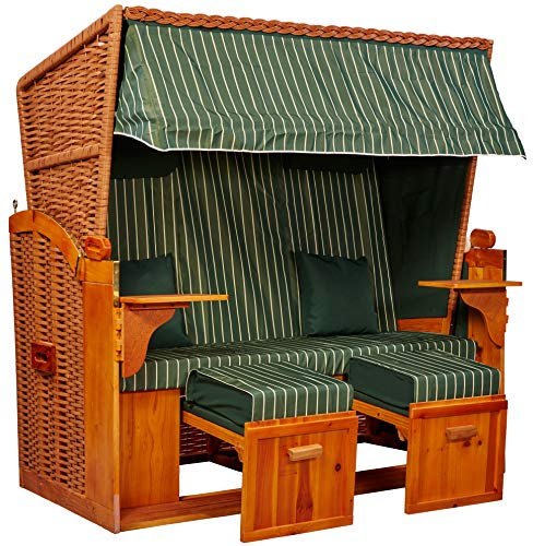 intergrill Strandschönheiten Strandkorb Gina Ostsee XXL | 2,5-Sitzer Grün Weiß gestreift | Mit Schutzhülle | Perfekt für Garten Terrasse Balkon
