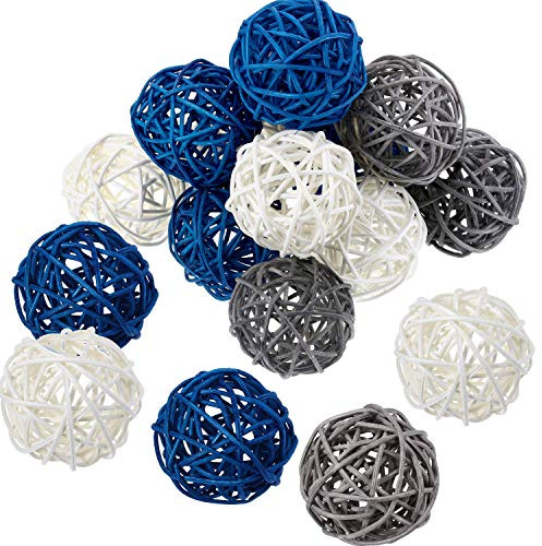 Yaomiao 15 Pcs Decorative Wicker Rattan Ball, 1.8 in, Navy Blue Gray White