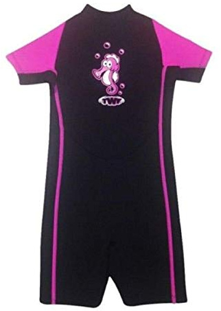 TWF Kids Shorty Wetsuit Short Sleeve Childrens Boys Girls UV Swim Suit Weather Protection Wet Suit (Pink Seahorse Wetsuit, UK 9-10 Years)