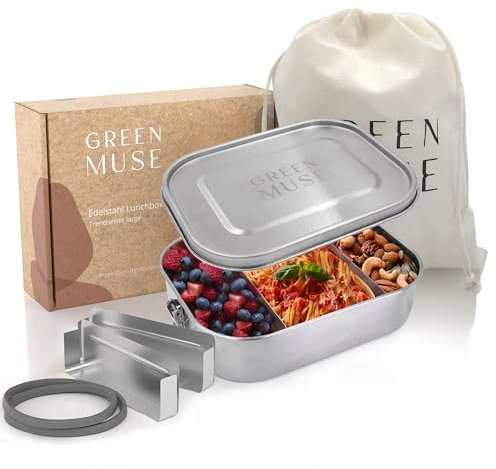 GREEN MUSE Brotdose Edelstahl 1400ml I Lunchbox mit 3 Fächern & Ersatzdichtung I auslaufsicher I Ideal als Brotzeitbox für Kindergarten, Schule, Arbeit, wandern (Kinder & Erwachsene)