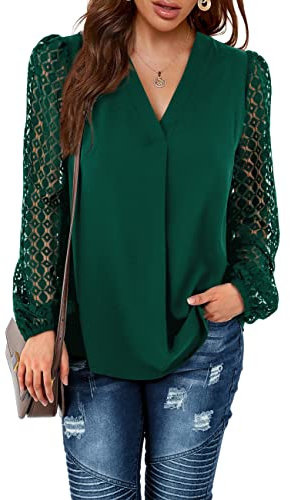 Beluring Blouses for Women Long Sleeve Tops Vneck Loose Tshirt Stylish Tee Dark Green Size 12 14