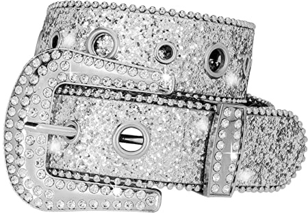 Korhleoh Ceinture en strass pour femme homme, ceinture en cuir avec clous Cowgirl Cowboy pour pantalon jean (pour taille 74-103cm), Couleurs blanches (3,8 cm), 110 cm per girovita 74-103 cm